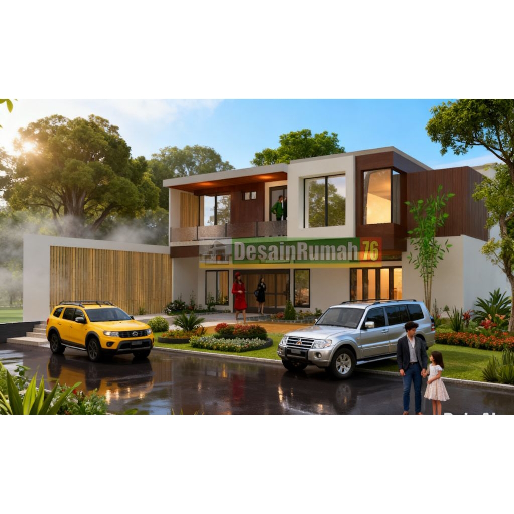 Desain rumah 3D+gambar kerja lengkap, ukuran 20x21 2 lantai, 5 kamar tidur. desain rumah modern, rum