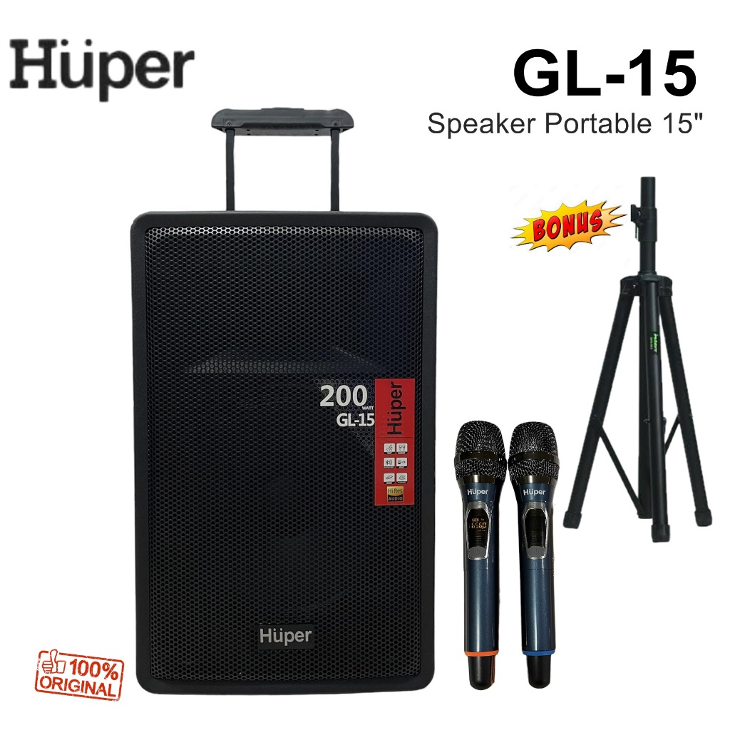 HUPER Speaker Portable GL15 Baru Bluetooth 2 Way 15 Inch 200W 40Hz-18KHz