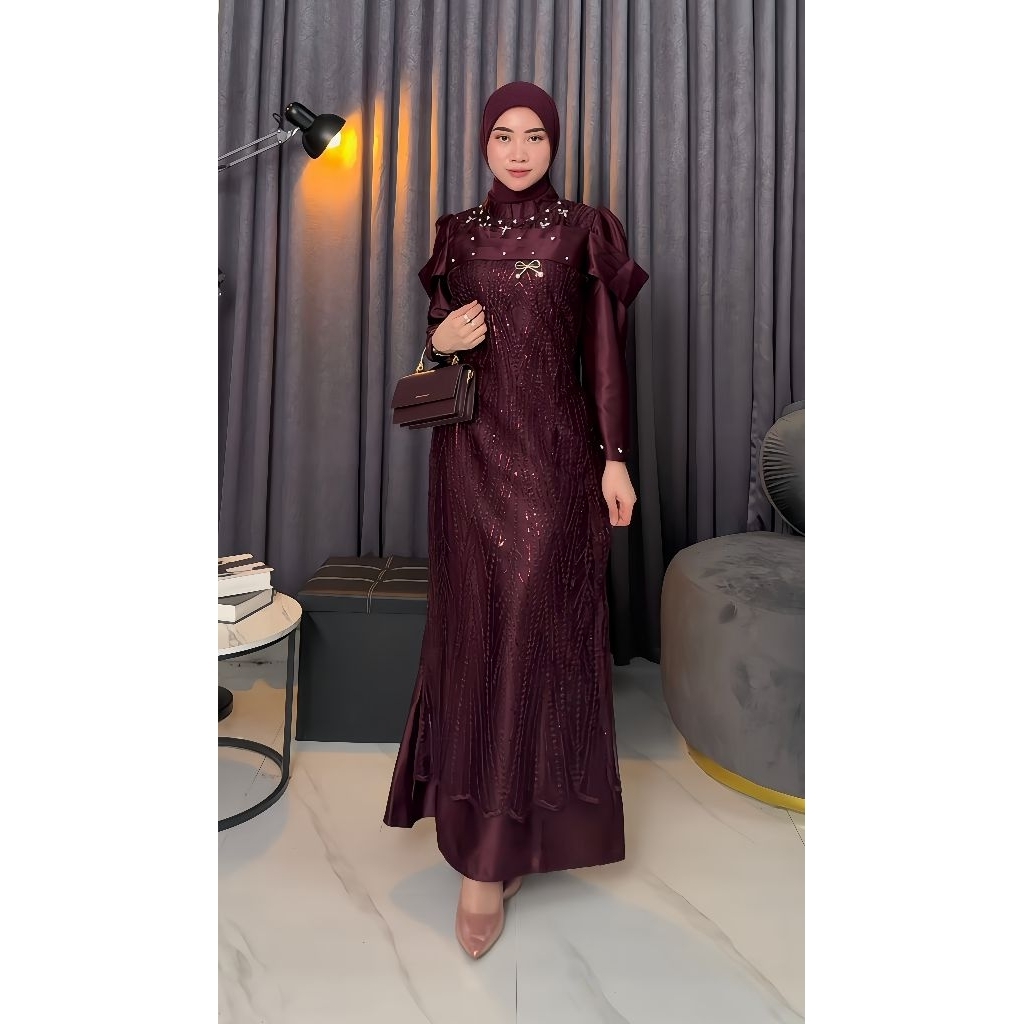 Diandra Dress Gamis Pesta Brukat Mewah Premium Lebaran 2026 | Baju Kondangan Wanita Full Payet Mutia