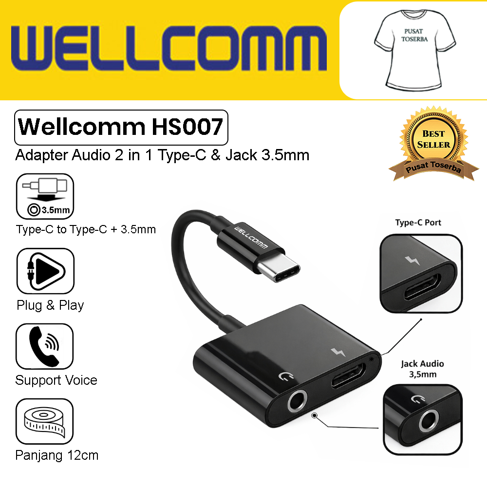 Splitter Wellcomm Adapter Audio Type C to 3.5mm Jack Audio + Charging Port USB-C Plug & Play