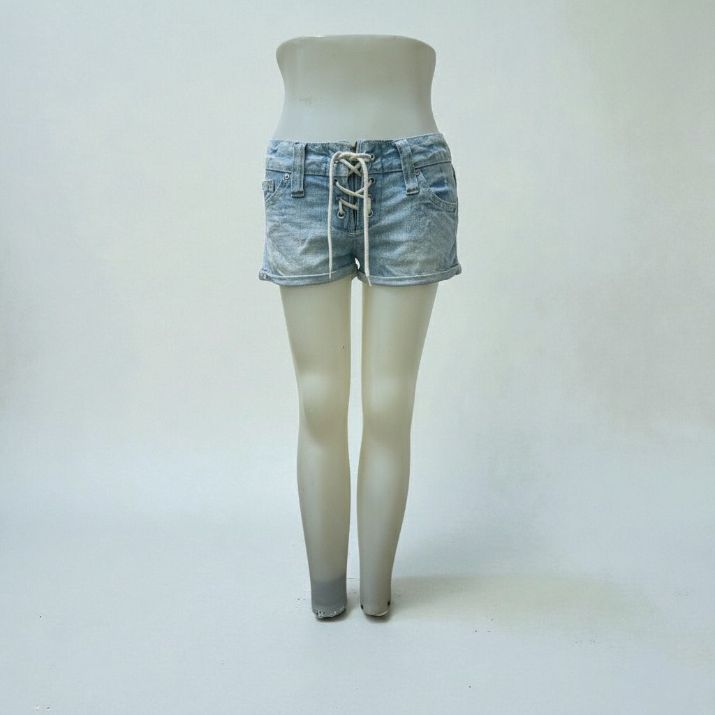 Hot Pants Jeans Summer Style Detail Lace-Up Lapisan Bunga Cantik