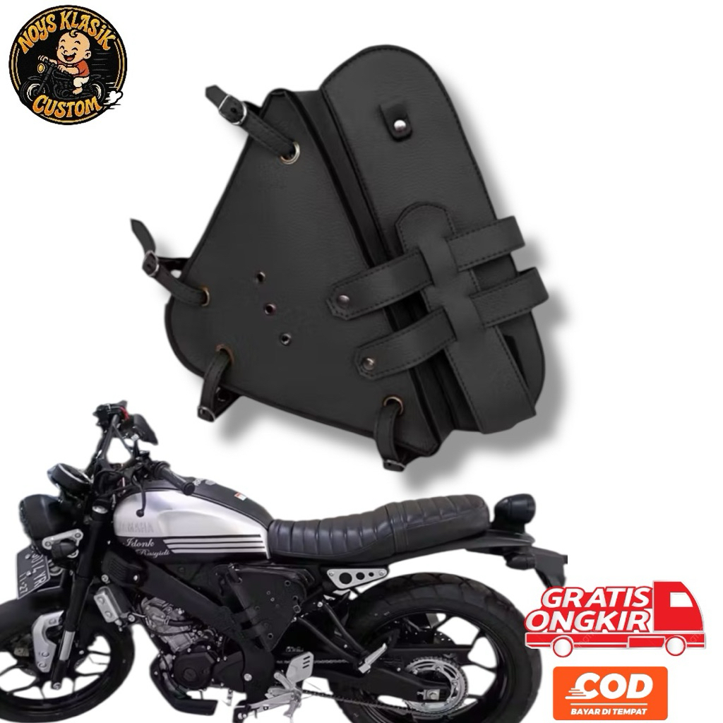 Tas motor klasik kulit side bag japstyle w175 xsr155 triumph benneli c70 sepeda onthel chopper bobbe