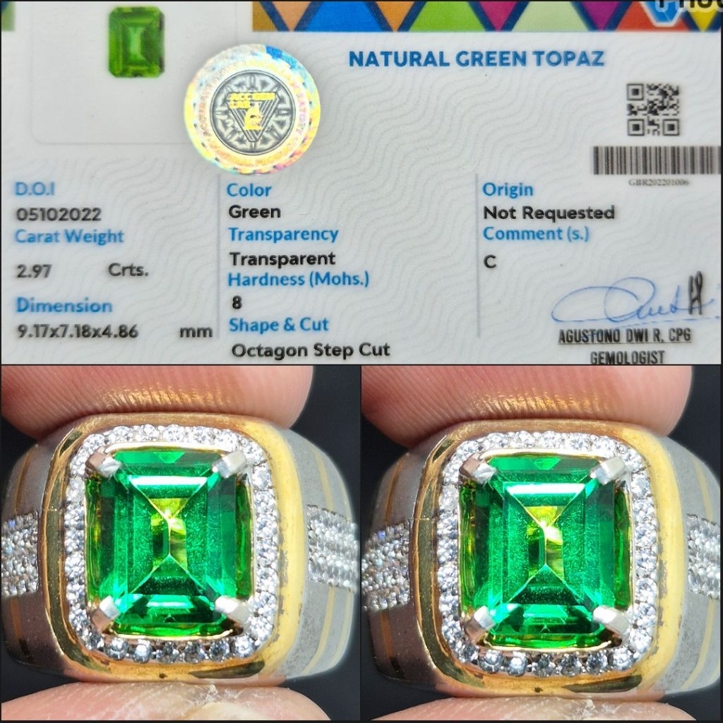 Natural Green Topaz 2.97 crt Ring Silver Memo Lab