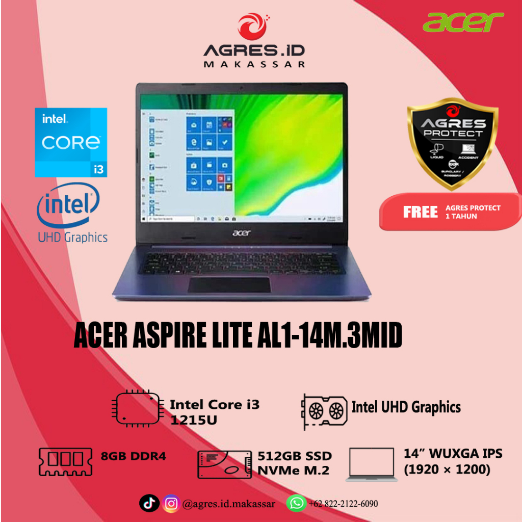 ACER ASPIRE LITE AL1 MAGICAL COLOR I3 1215 8GB 512GB WIN11+OHS 14.0WUXGA IPS BLIT -14M.3MID
