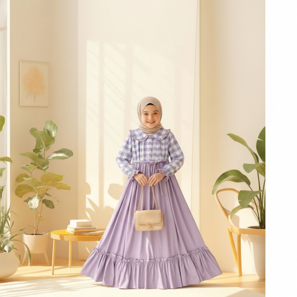 Baju Gamis Anak Perempuan Muslim Untuk Lebaran 2026 Usia 5 - 12 Tahun Crinkle Airflow Mix Katun Kota