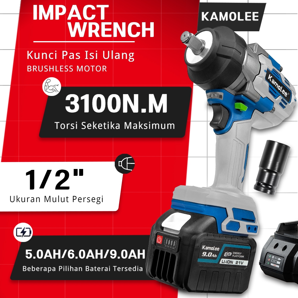 KAMOLEE Impact Wrench 3100Nm 1/2'' Brushless 8000Rpm Torsi Tinggi Baru