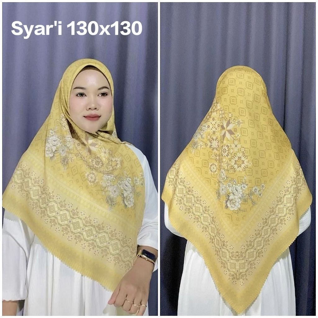 HIJAB SEGI EMPAT SYAR'I JUMBO VOAL SUBLIME MOTIF BUNGA KHANZA KUNING