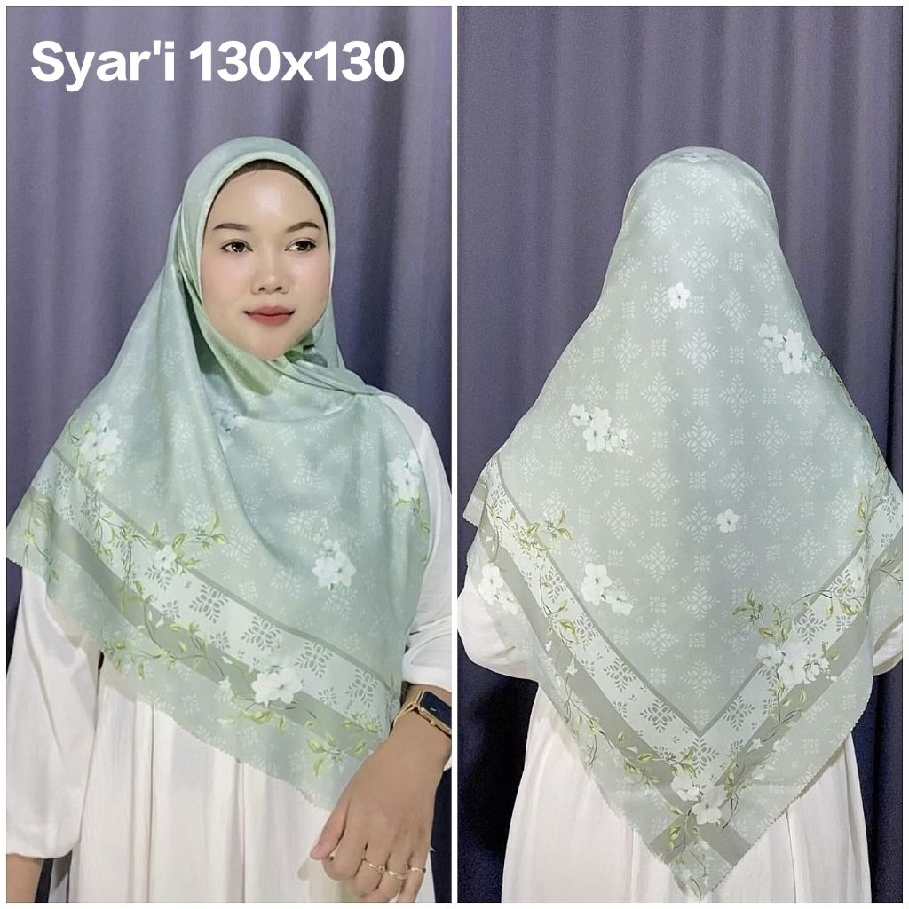 HIJAB SEGI EMPAT SYAR'I JUMBO VOAL MOTIF SUBLIME BUBGA QIRANI HIJAU MINTA SAGE UK 130X130 UK 130X130
