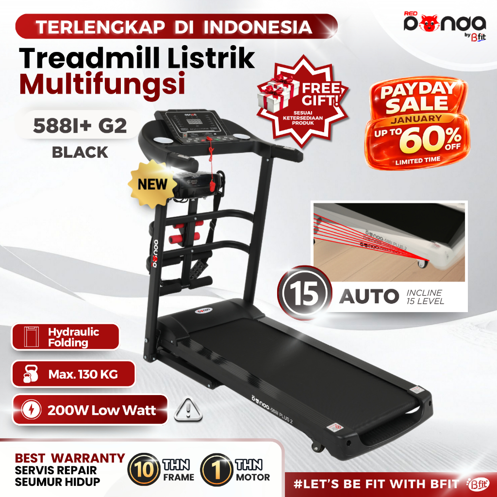 Treadmill Elektrik REDPANDA 588I Auto Incline Multifungsi Listrik Low Watt Fitness Gym
