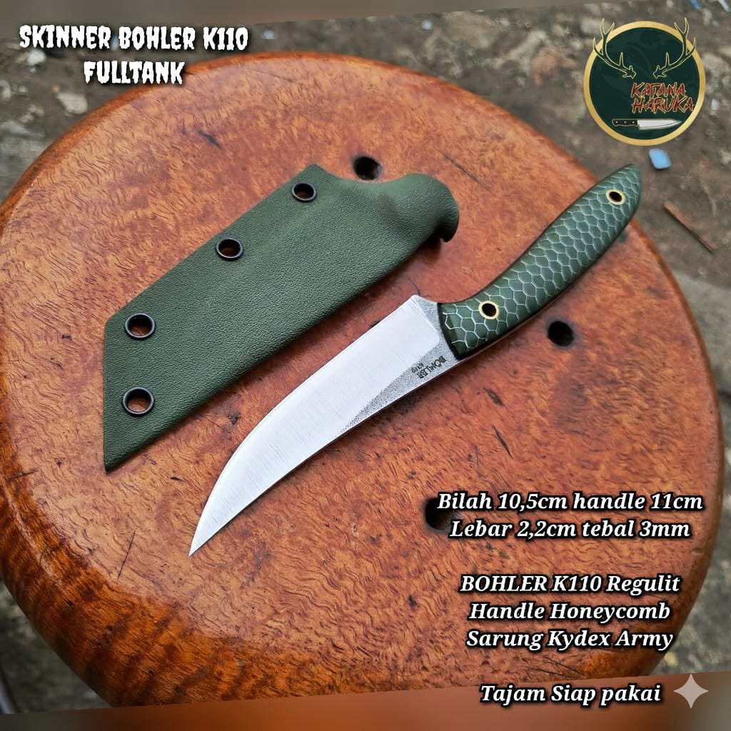 Pisau Skinner Baja Bohler K110 Fulltang Handle Honeycomb Sarung Kydex Army Super Tajam