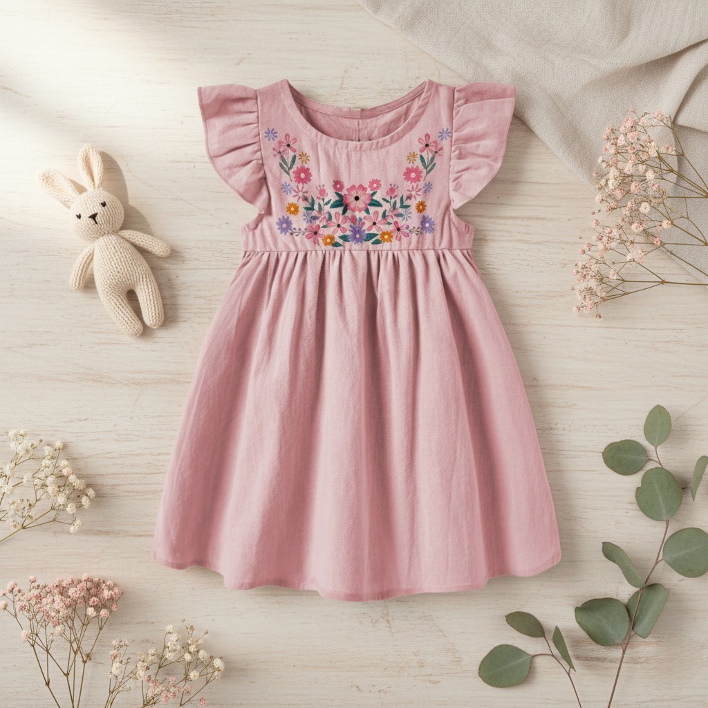 Outbox Fashion Dress Anak Perempuan Bordir Bunga | Baju Terusan Balita Lengan Ruffle Korea Style | G