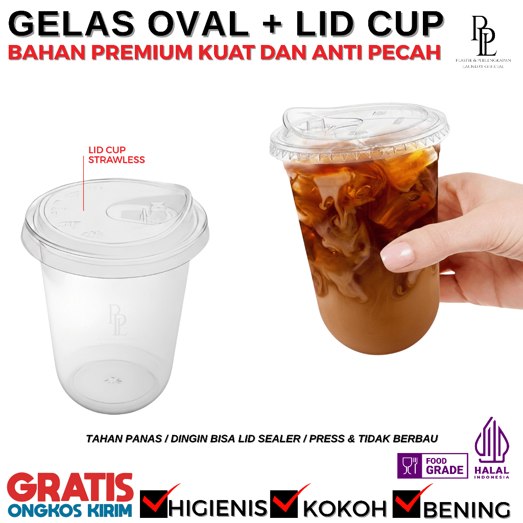 (50PCS) Gelas Plastik PP OVAL Plus Tutup Gelas PET Plastik Strawless Lid Cup 95mm | Cup Oval + Tutup