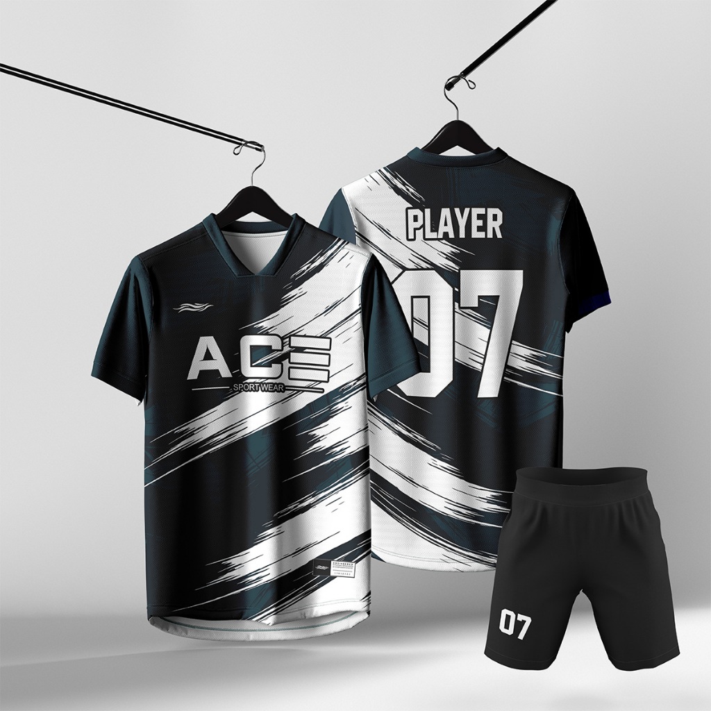 Setelan Jersey Futsal Tim Unisex Hijau Tua Motif Brush Abstrak Putih