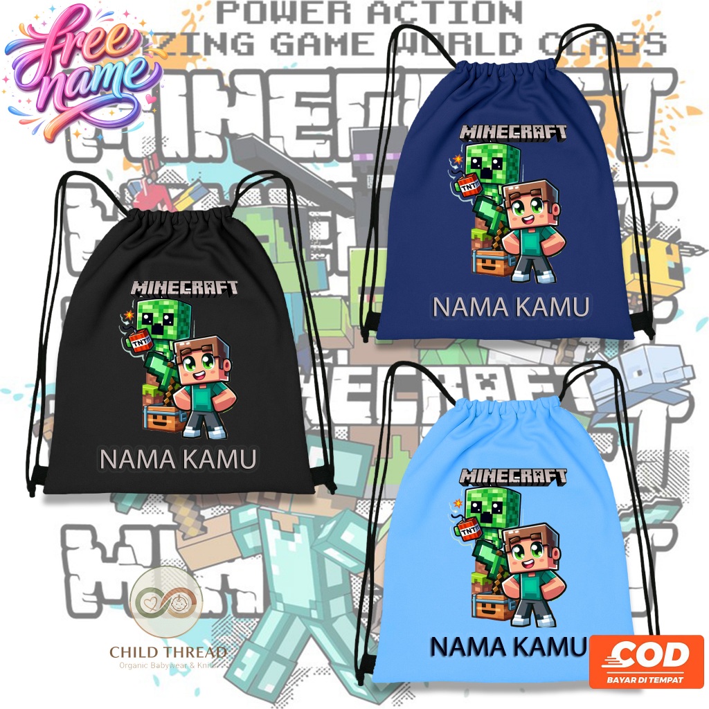 Tas Serut Minecraft Goodie Bag Anak Ultah Snack || Tas Serut Minecraft Souvenir Ulang Tahun Anak
