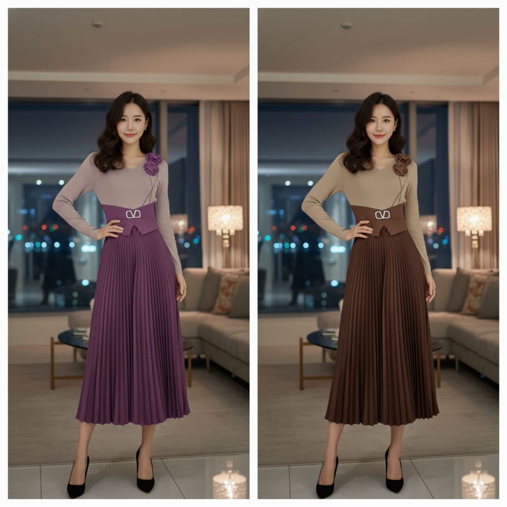 Dress Plisket VLN Bunga Timbul Lengan Panjang 71266/Dress Pesta/Dress Lengan Panjang Rumah butik bel