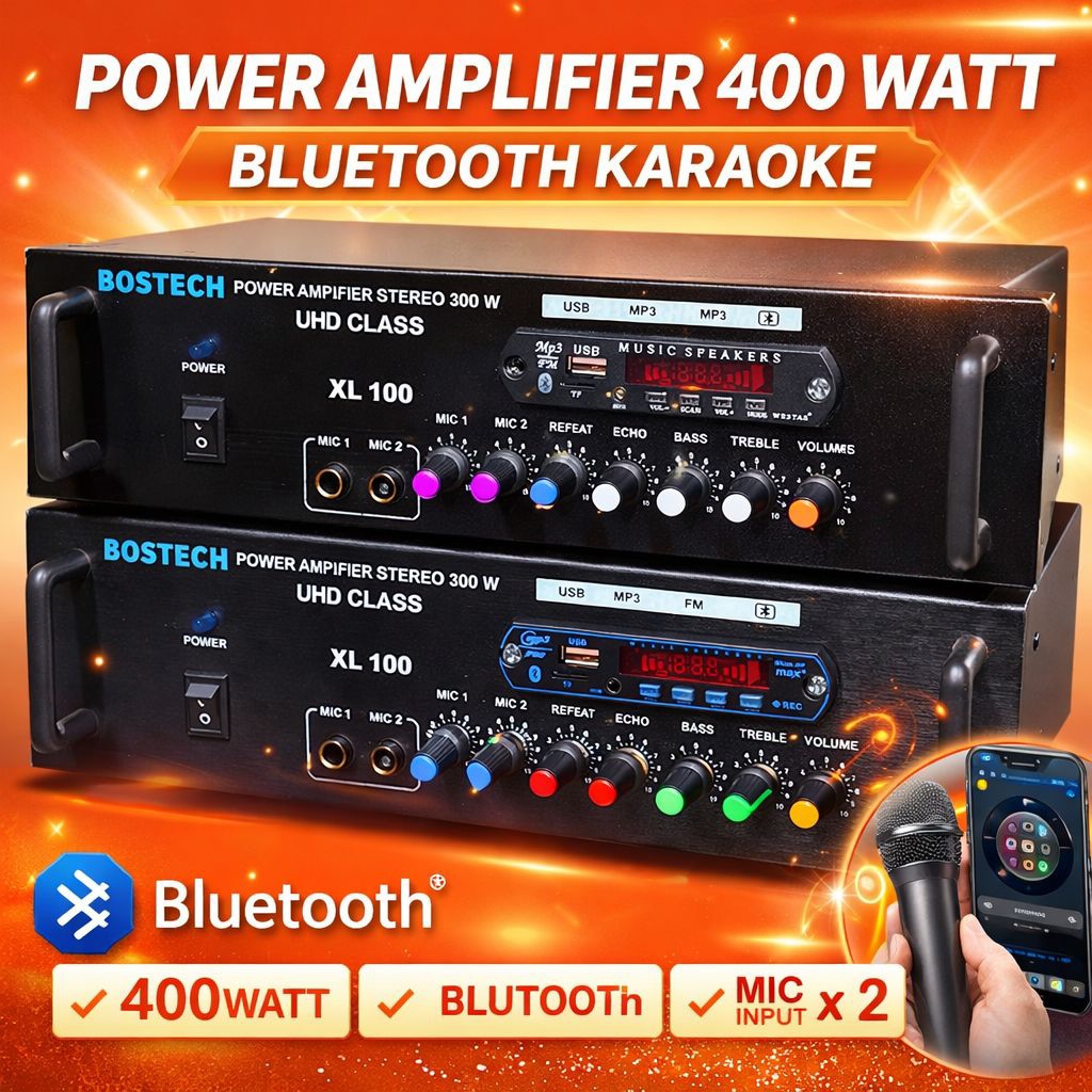 POWER AMPLIFIER STEREO 400WATT LENGKAP BLUETOOTH DAN TONE CONTROL KARAOKE 2 MIC