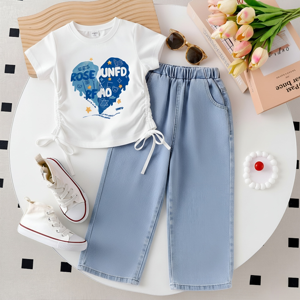 SETELAN CROP SERUT ROSE UNFD DAN LEVIS KULOT BIRU MUDA USIA 1-12 tahun