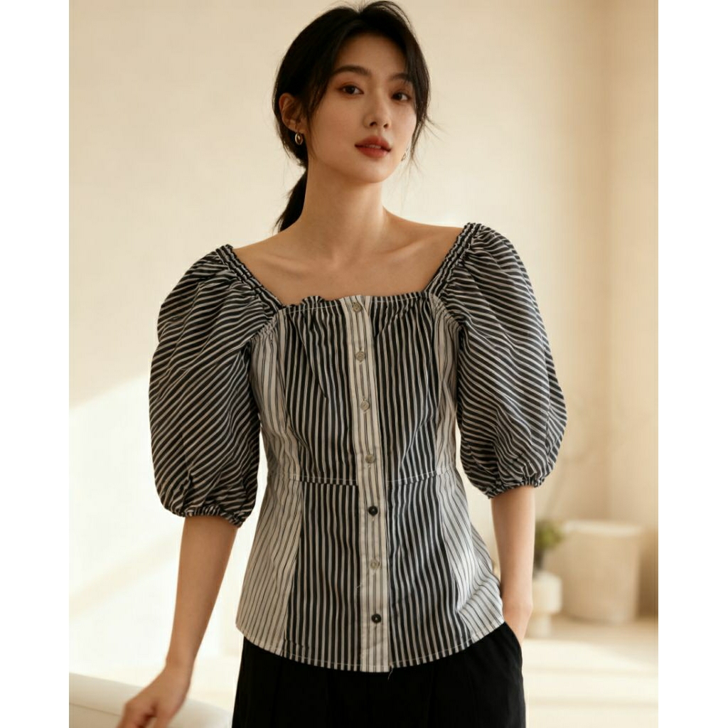 ZARA WOMAN ATASAN SQUARE NECK SALUR TWO TONE TANGAN BALON KOREA ORIGINAL