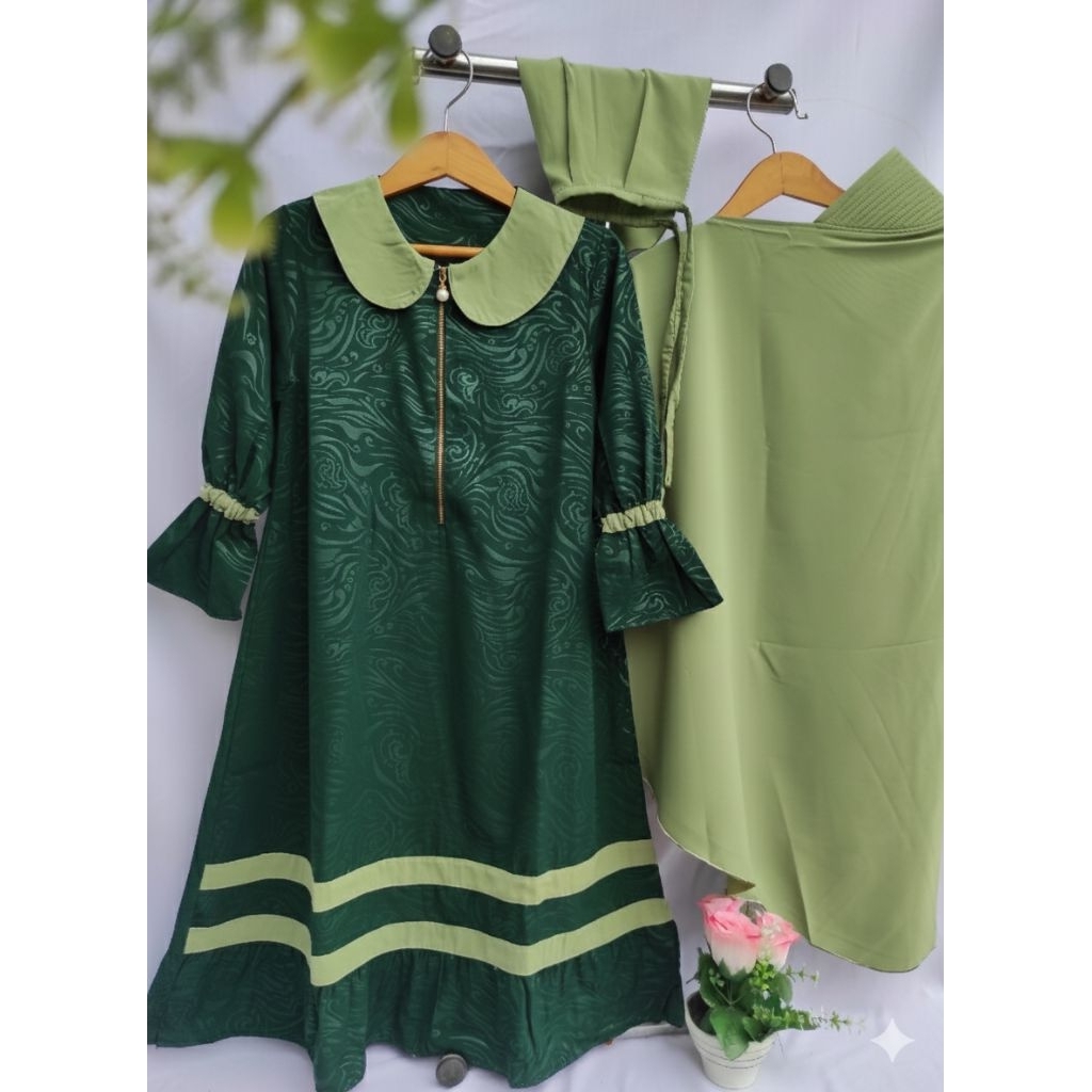 Set Gamis Cadar Tali Bahan Embos Qinana Halus