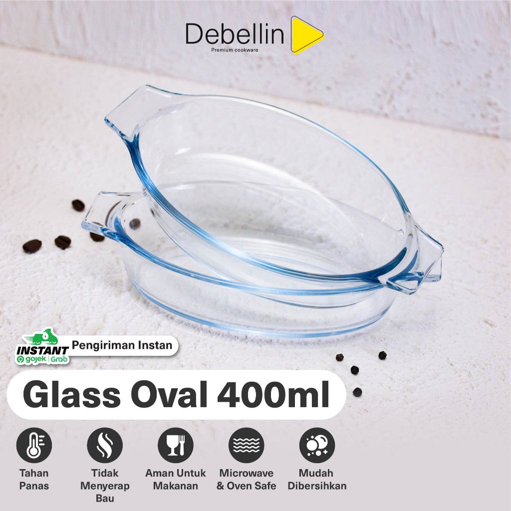 Debellin Glass Mini Oval 400ml - Mangkok Tahan Panas Bisa di Microwave & Oven - Mangkok Saji