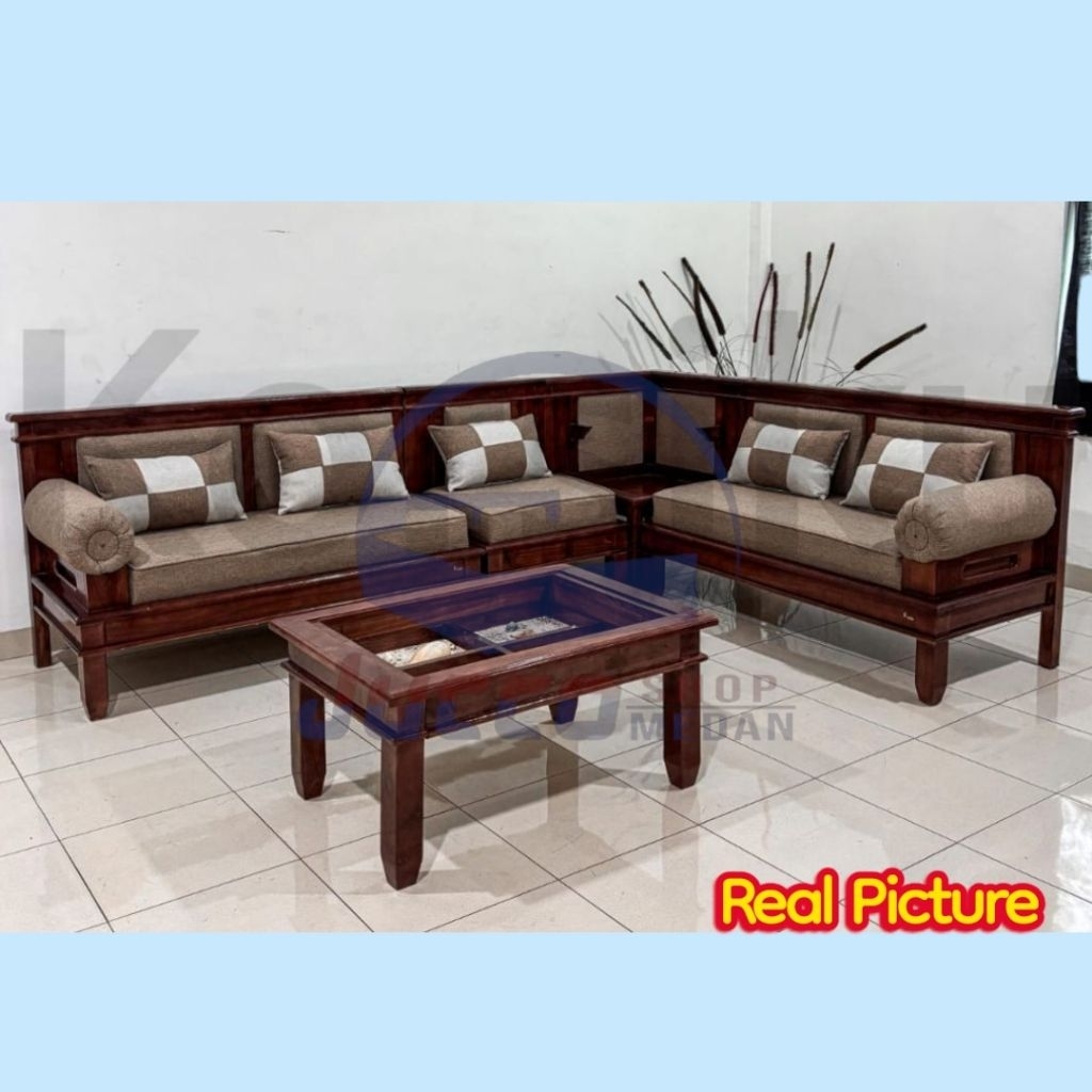 [ Golden Furniture ] Kursi Tamu Kayu Minimalis Free Meja Kerang - Sofa Tamu Sudut Kayu Minimalis Jok