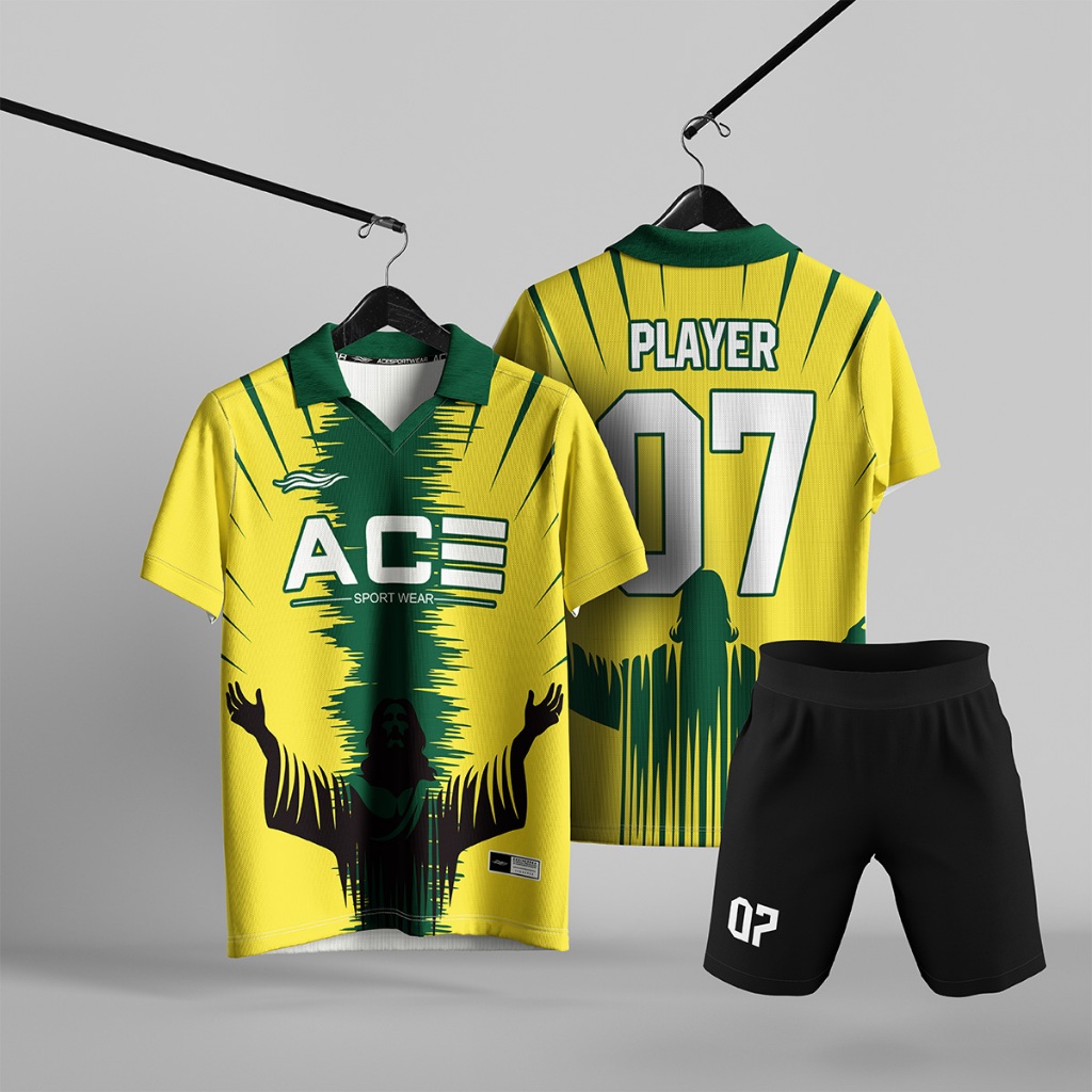 Jersey Futsal Seragam Tim Unisex Kuning Hijau Motif Siluet Artistik Kerah Wangky