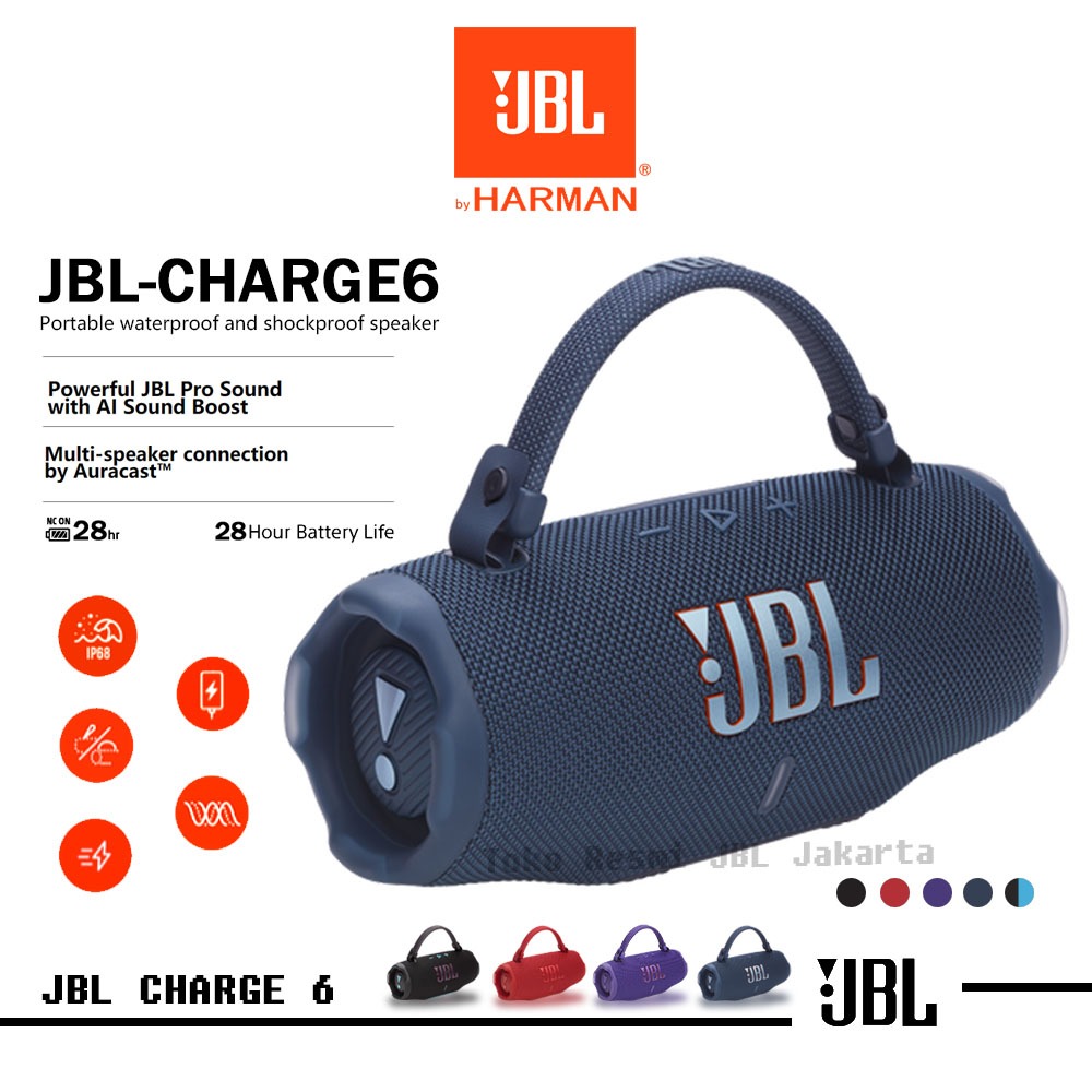 original 100% JBL Charge 6 Bluetooth Speaker IP68 28H Playtime Waterproof Garansi 1 tahun Black blue