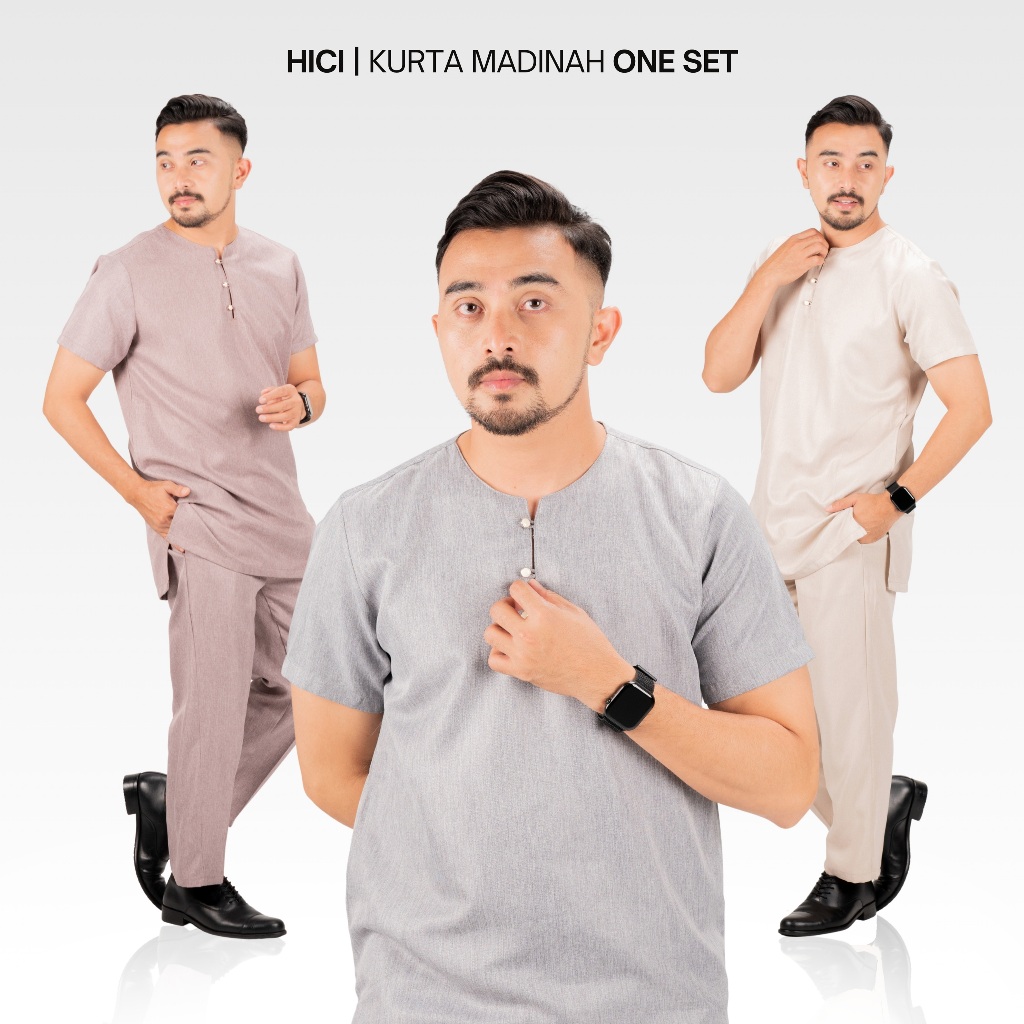 Hici Setelan Pria Dewasa Lengan Pendek Muslim | Borneo Baju Koko Kurta Tanpa Kerah Bahan Madinah