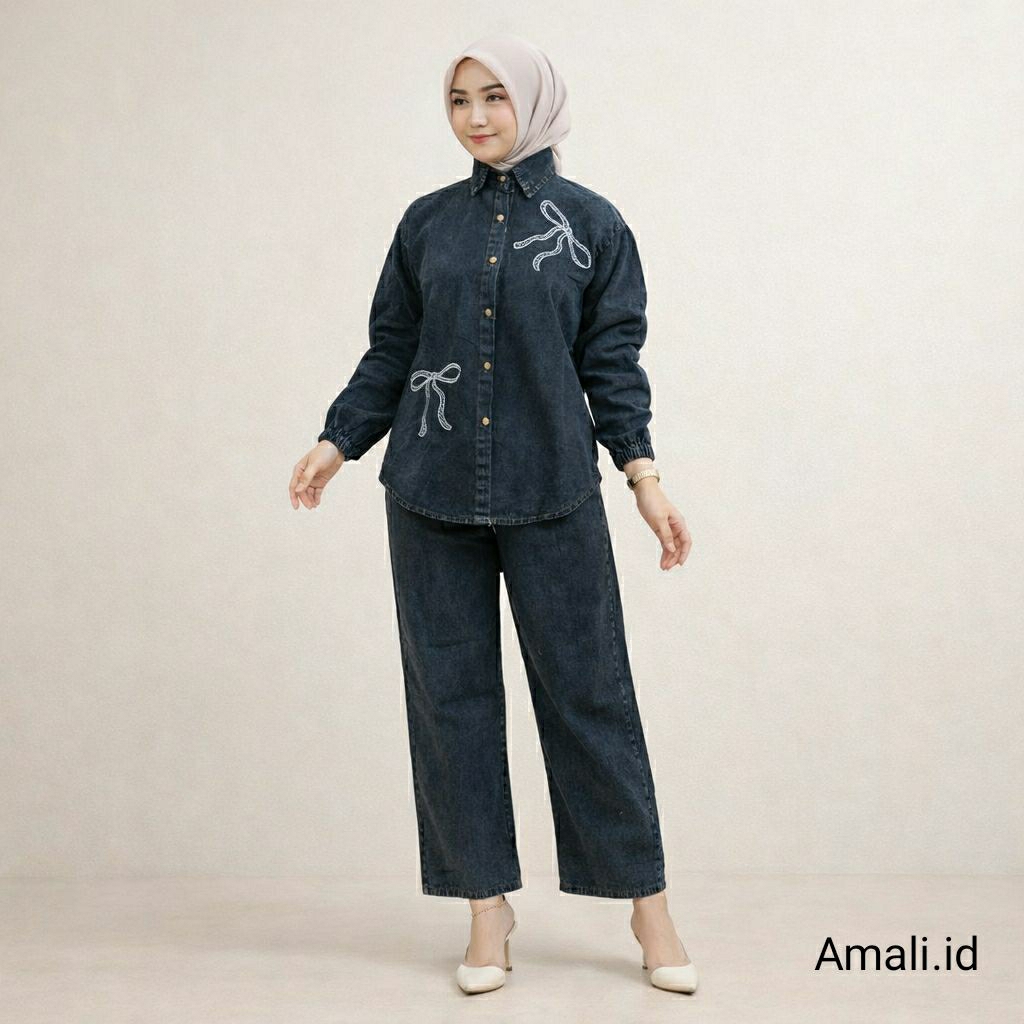 Setelan Jeans Wanita Kekinian | Atasan Bordir & Kulot | Casual