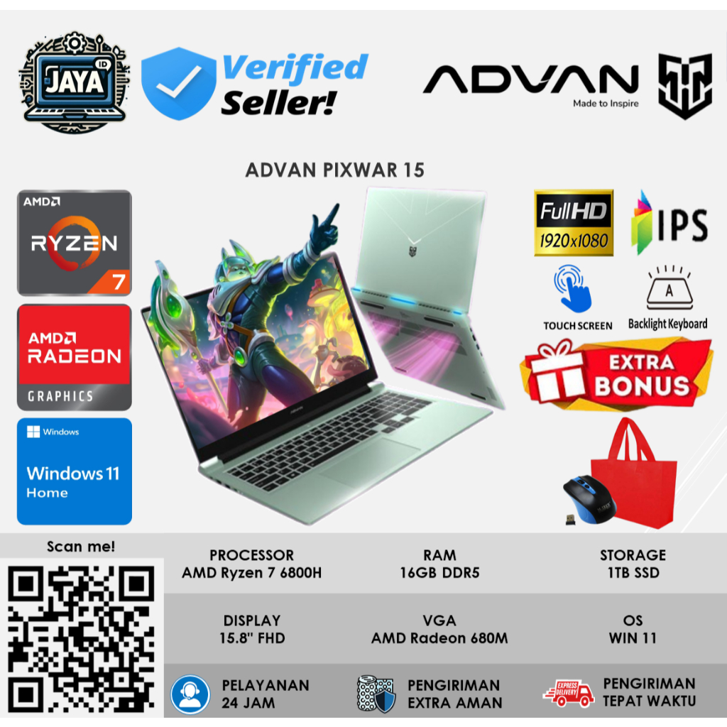 Laptop ADVAN Pixwar 15 AMD RYZEN 7 6800H 32GB DRR5 1TB FHD IPS BackLit Touch Screen