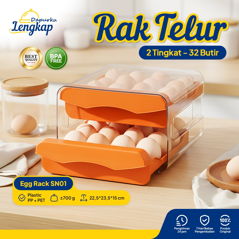 Dapurku Lengkap - Rak Telur 2 Tingkat 32 Butir – Tempat Telur Ayam Model Laci Transparan Estetik SN0