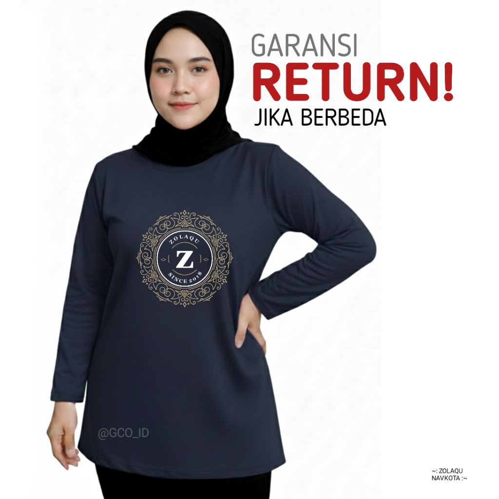 Kaos Harian Nyaman Lengan Panjang Korea Hijab Style Kekinian 2026 Zolaqu Original Biru Navy Dongker
