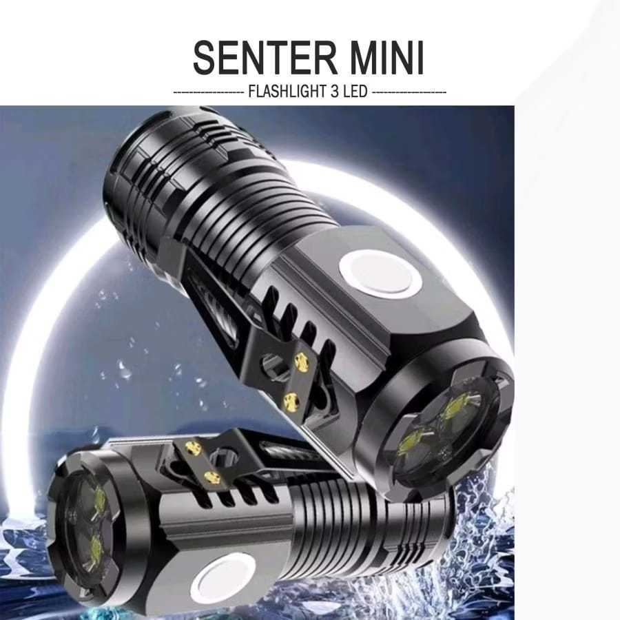 (COD) Senter Mini 3 Mata Led Lampu Swat Outdoor Magnetic 4 Mode Cahaya Senter Camping Hiking