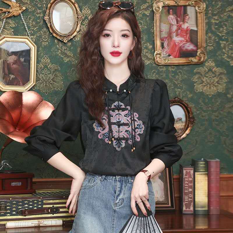 Blus Wanita Chinese Style Bordir | Atasan Oriental Modern | Kemeja Hanfu Casual Elegan