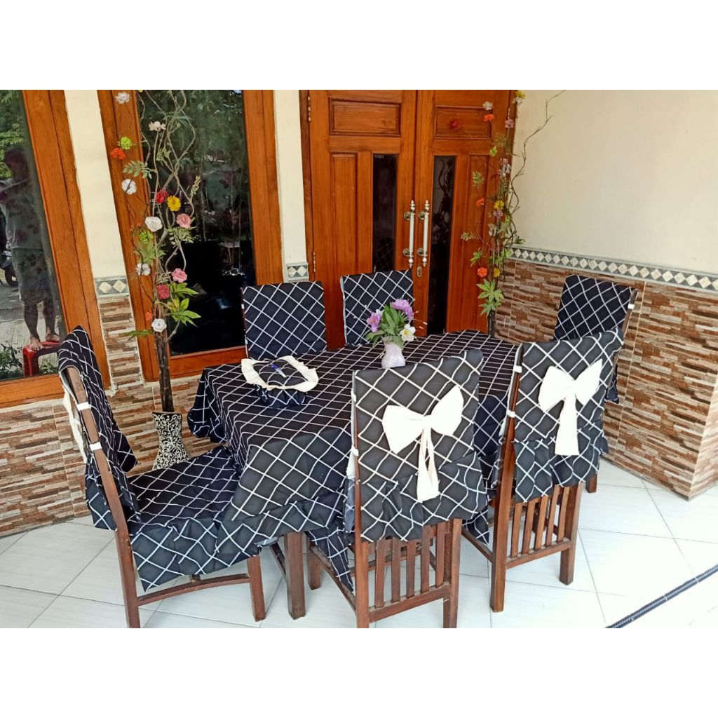 Sarung  Kursi Makan Cover Sandaran 6 set Taplak Meja Makan