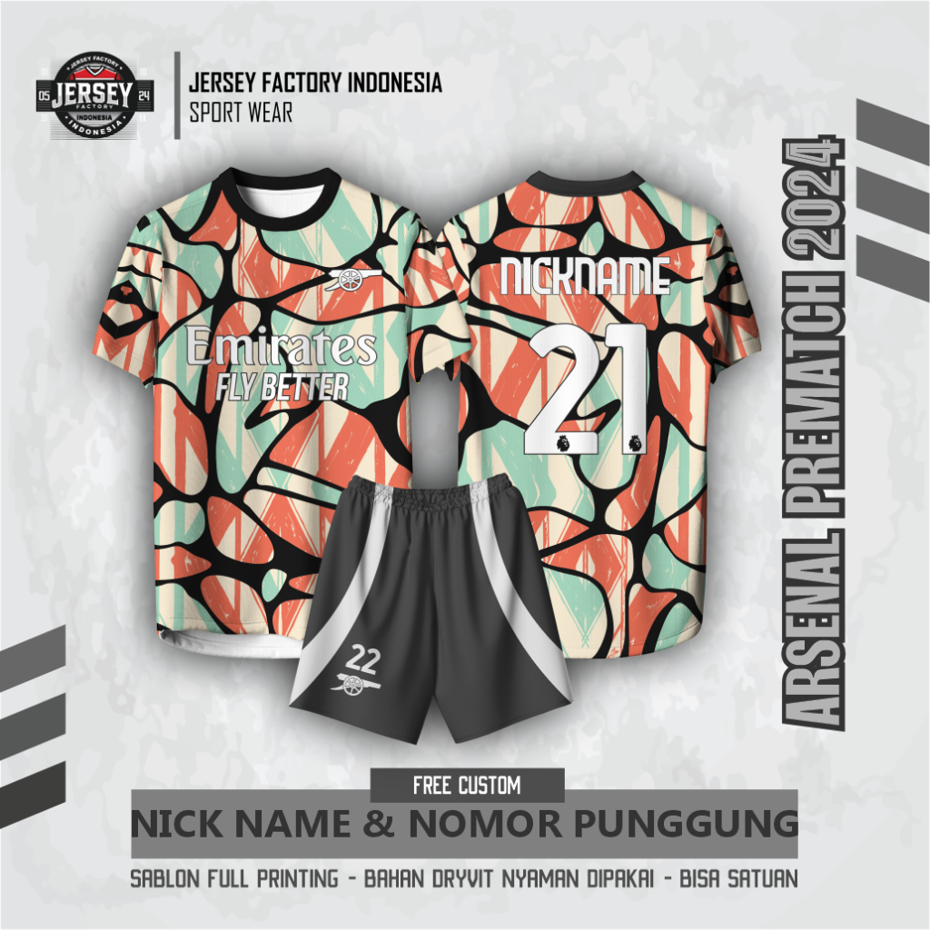 Jersey Bola ARSENAL PREMATCH 2023-2024 PENDEK Free custom nama dan no punggung Full printing