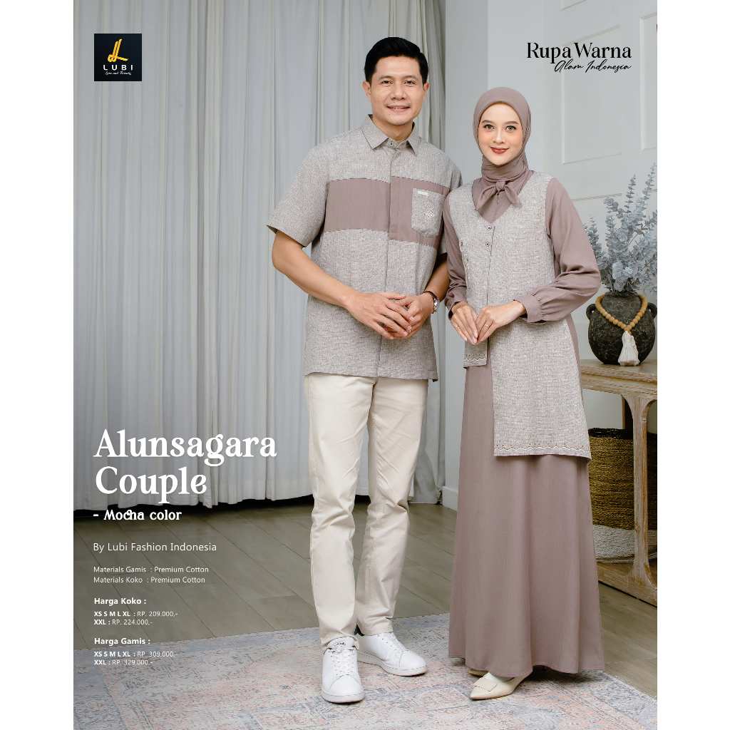 Baju Couple Pasangan Lebaran 2026 LUBI ALUNSAGARA MOCHA Gamis Couple Pasangan Simple Elegan Kekinian