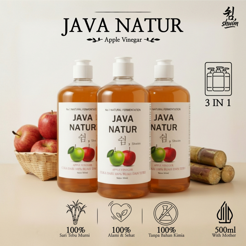 JAVA NATUR Shwim Cuka Apel [isi 3botol] 100%  Original Sari Apel dan Tebu 500 ml