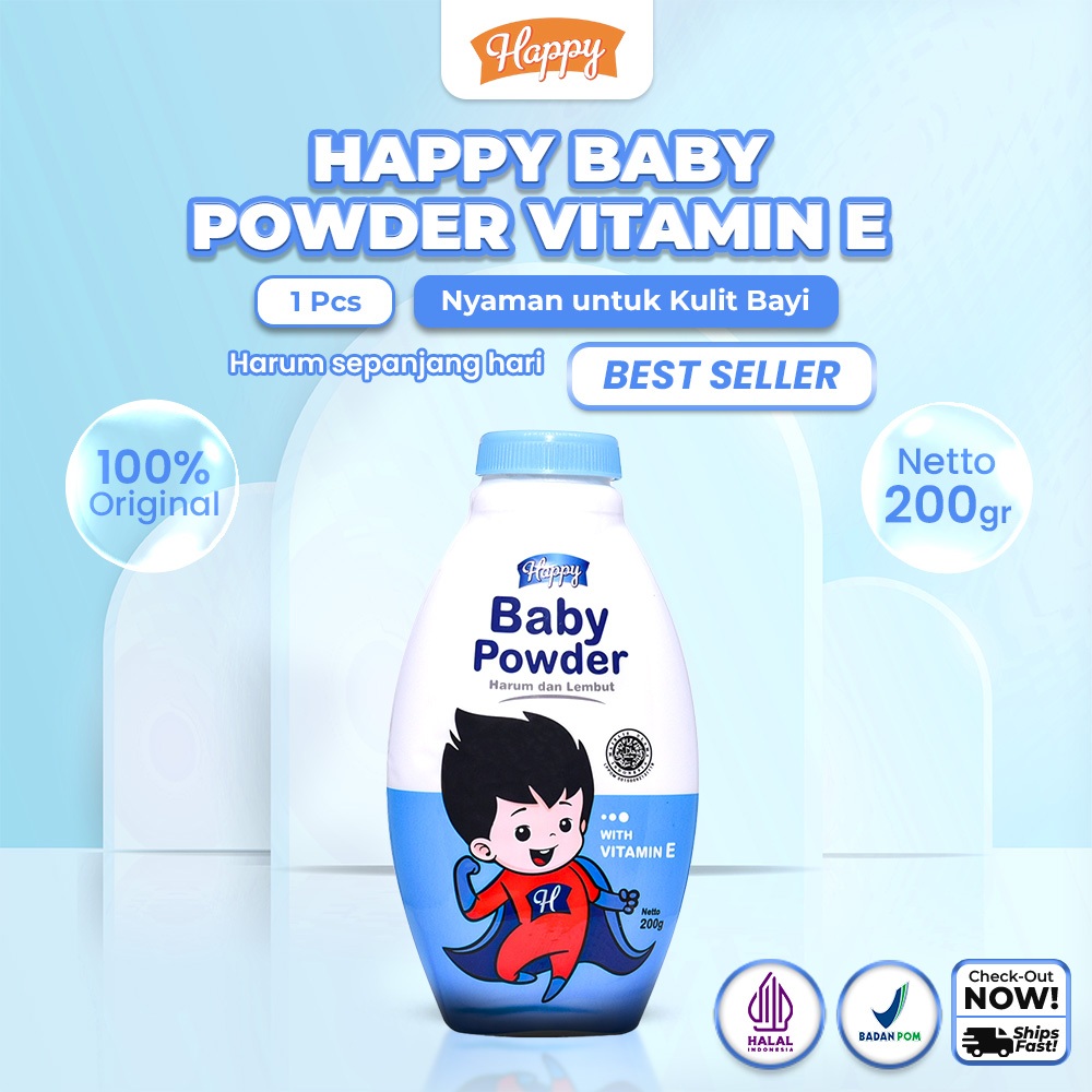 Happy Bedak Bayi Baby Powder Vitamin E 200gr | Bedak untuk mencegah iritasi kulit | Bedak Aman digun