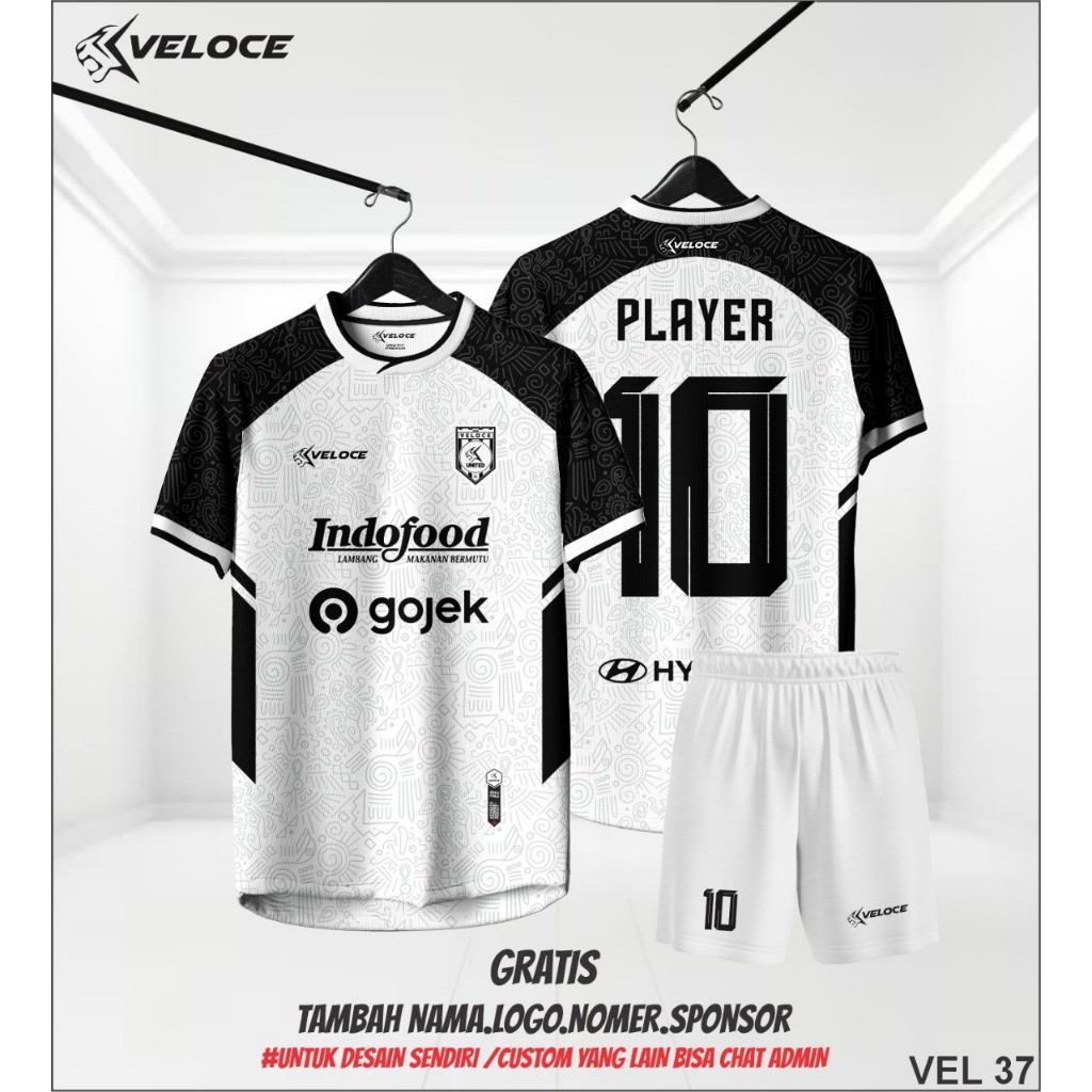 VELOCE SPORT Jersey Bola Futsal Custom Dry Fit Anak Dewasa Hitam Putih Batik