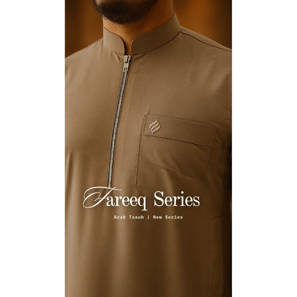 Jubah Pria FAREEQ — Baju Muslim Lengan Pendek Kerah Bulat & Resleting | ArabTsaub