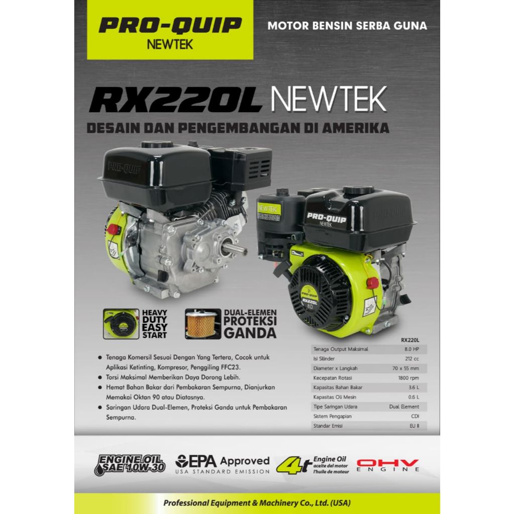 PROQUIP RX220L Mesin Bensin 8HP Putaran Lambat