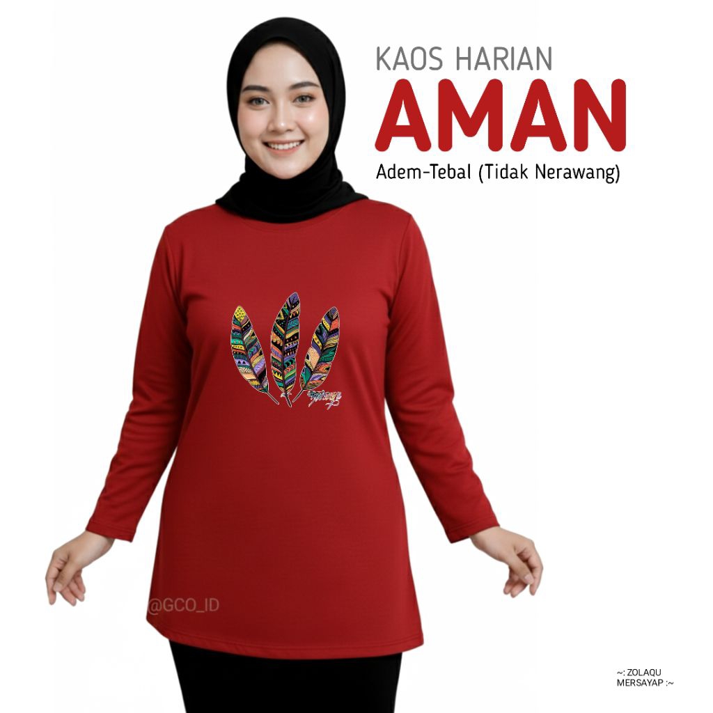 Kaos Zolaqu Original 2026 Baju Harian Nyaman Tebal Adem Merah Korean Hijab Style Kekinian Lengan Pan