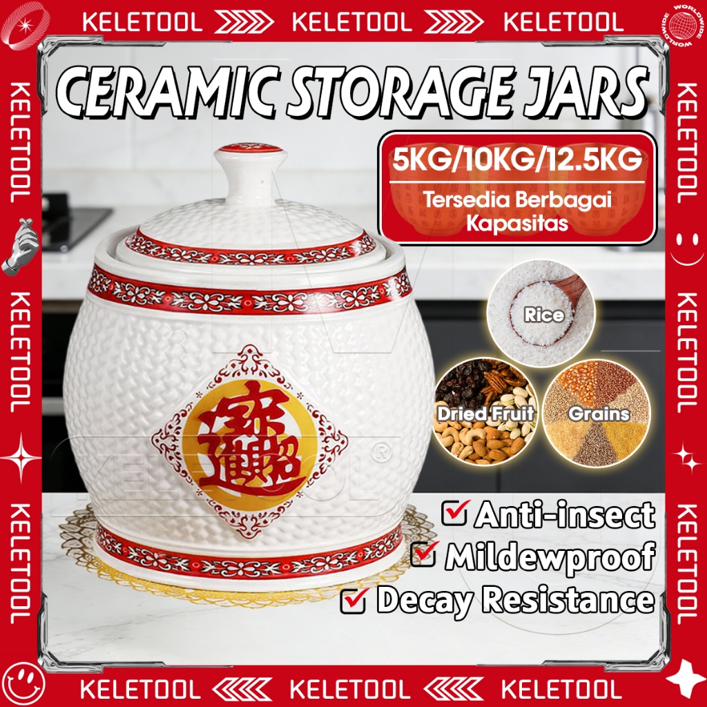 Tempat Beras Rice Bucket Keramik Chinoiserie Putih Fengshui Guci Keramik Tempat Beras Klasik Tutup T