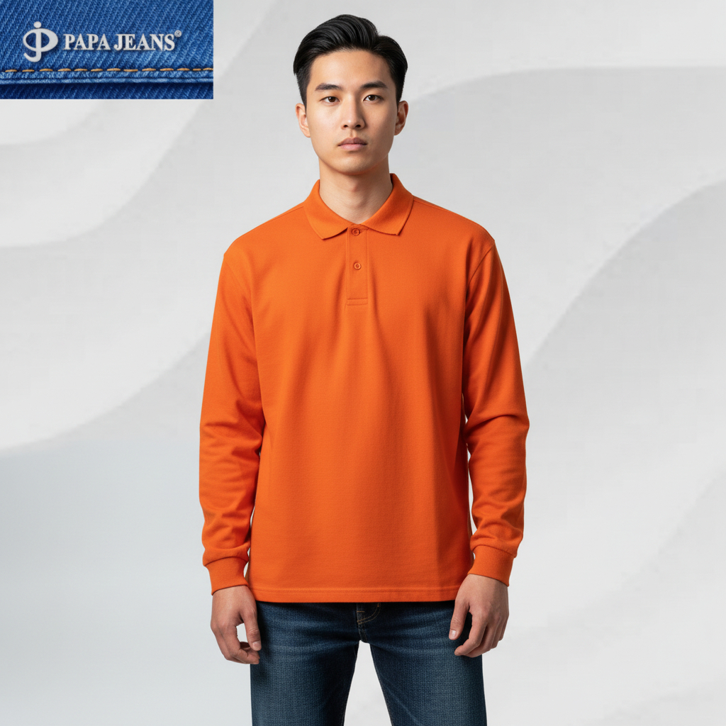 Papa Jeans Kaos Kerah Polo Shirt Lengan Panjang Orange