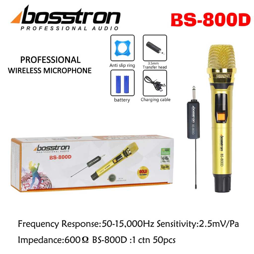 Bosstron Microphone Wireless BS-800D Gold New Edition Mic Karaoke Mik Tanpa Kabel