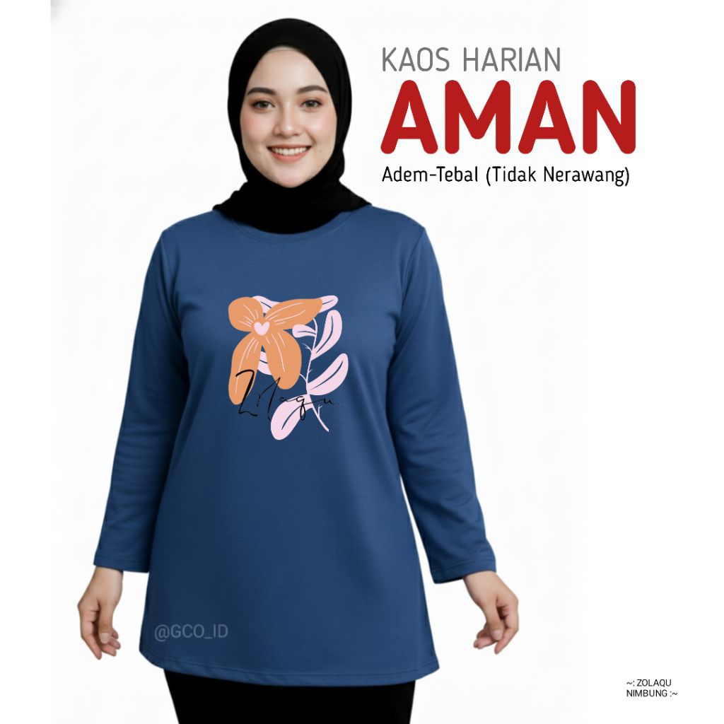 Kaos Zolaqu Original 2026 Baju Harian Nyaman Tebal Adem Lengan Panjang Biru Denim Motif Oversize ZLQ