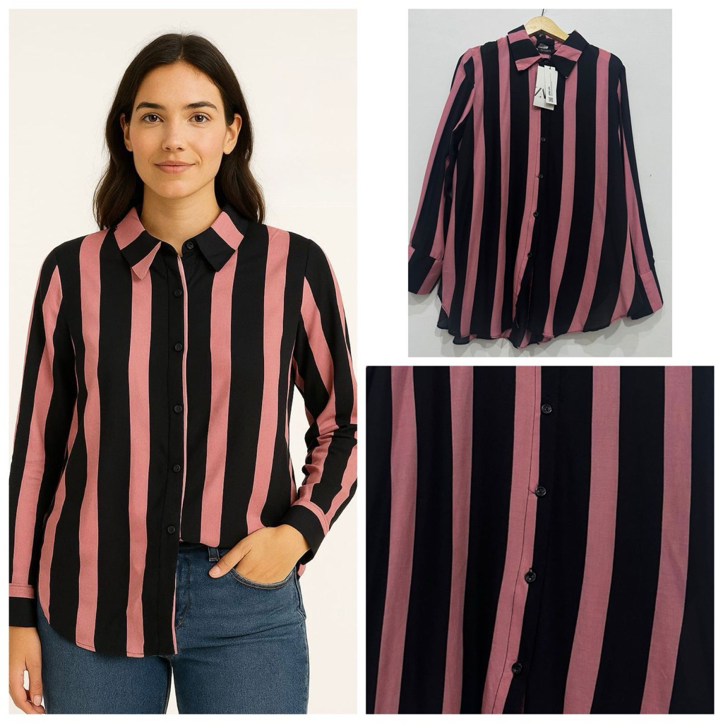 ZARA Stripe Long Sleeve Shirt Black Pink