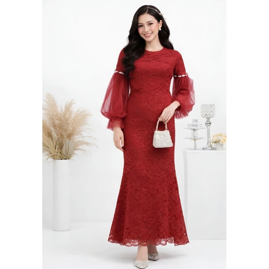 Maxy Ninamori Brokat Lengan Balon Tile Mutiara Baju Muslim Seragam Nikahan Duyung Jumbo Ms