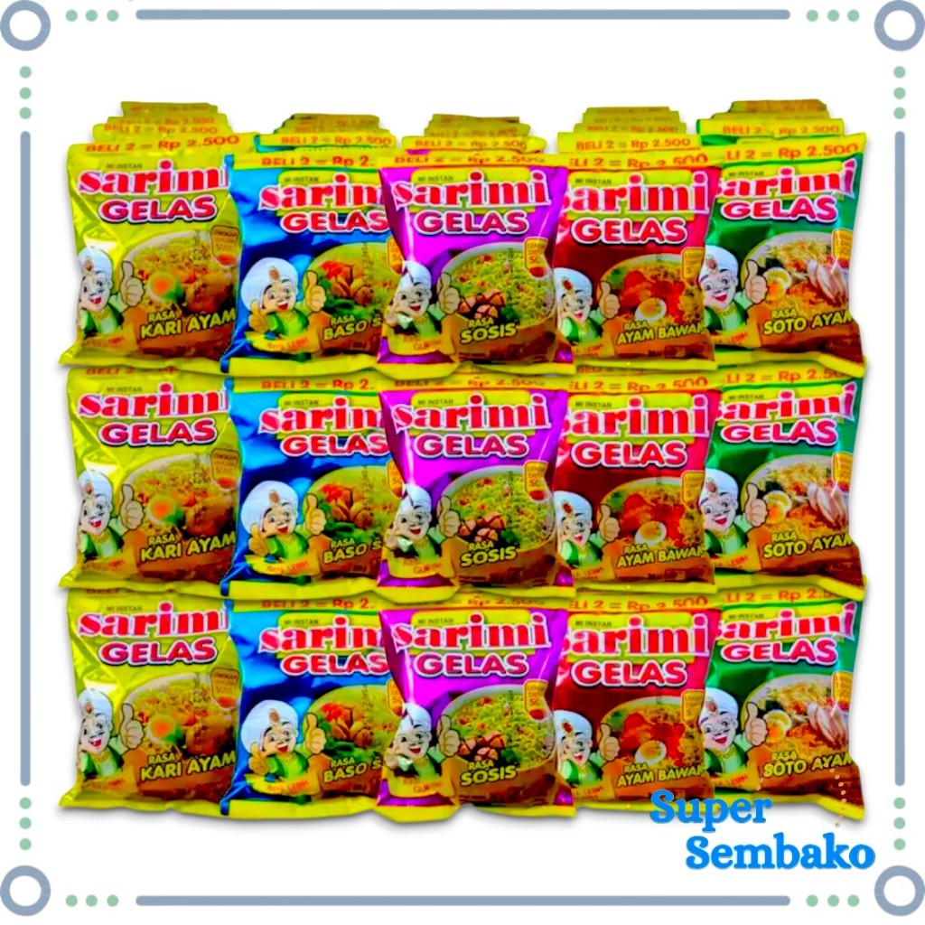 MIE / MI INSTAN SARIMI MIE GELAS RASA SOTO AYAM BAWANG SOSIS BAKSO 30g RENCENG ISI 10 PCS GROSIR